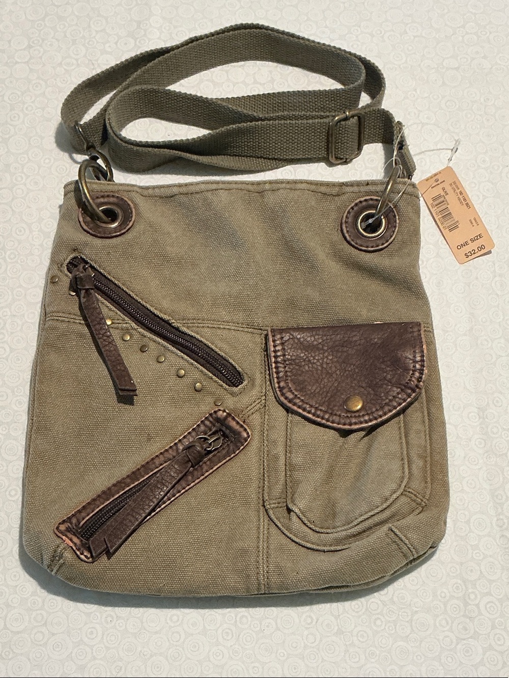 Canvas Crossbody Bag with Brown Faux Leather Trim -